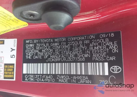 2018 Toyota Prius Two z USA, uszkodzony, nr VIN JTDKBRFU9J3077368